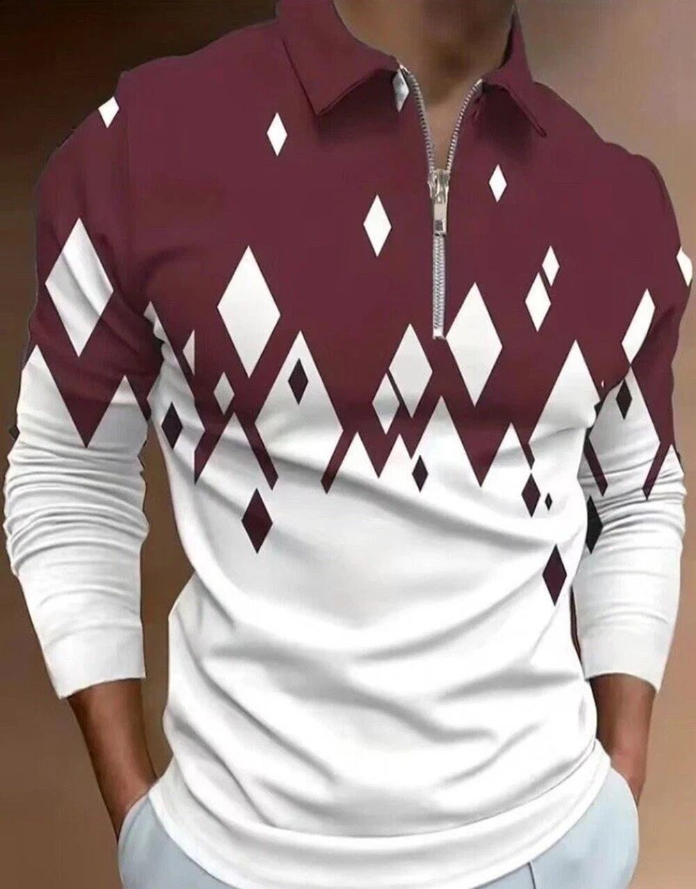 Men's Red & White Diamond Pattern Zip Collar Polo Golf Shirt Performance NEW M